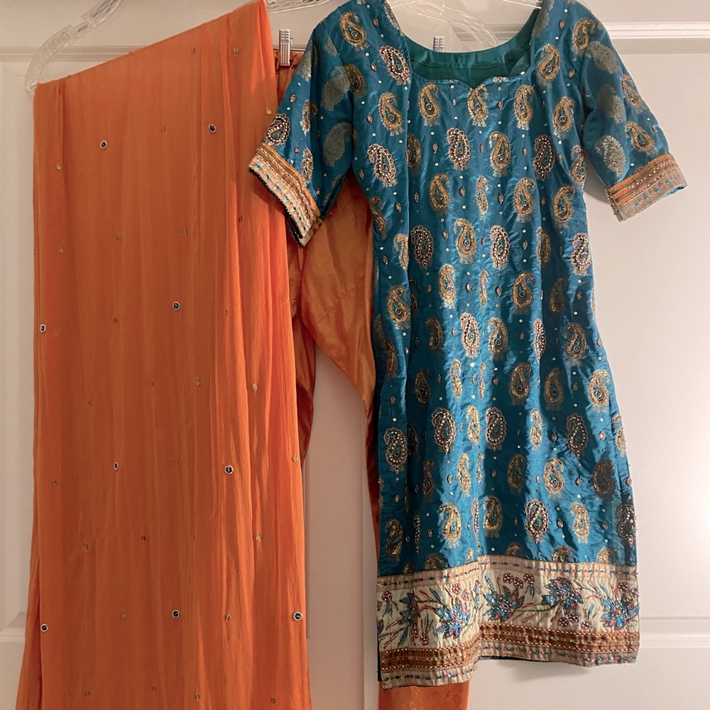 Teal & Orange Embroidered Women's Dress